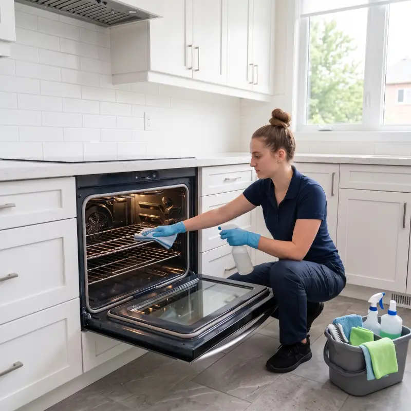 Cleaner scrubbing inside an oven during a deep clean in a Barrhaven kitchen