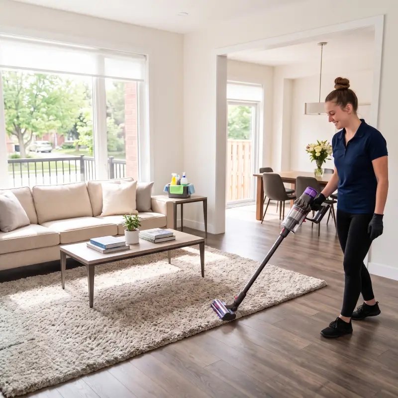 Cleaner vacuuming a bright living room in a Barrhaven home